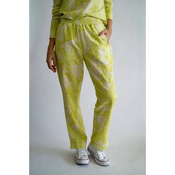 Nwot LAS SURENAS Pants S Linen Cotton Lime Green Leaf Straight Slit Pcks Cheetah - Picture 1 of 15
